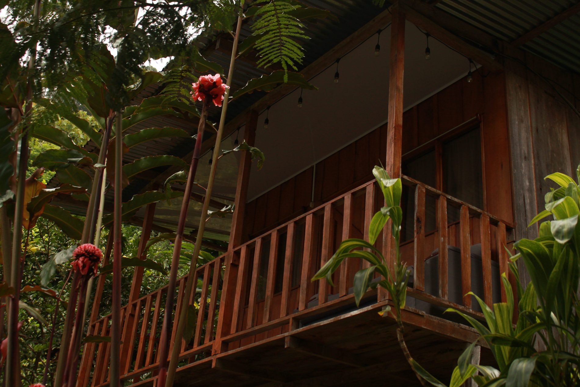 La cabaña individual con su escalera de madera y las flores