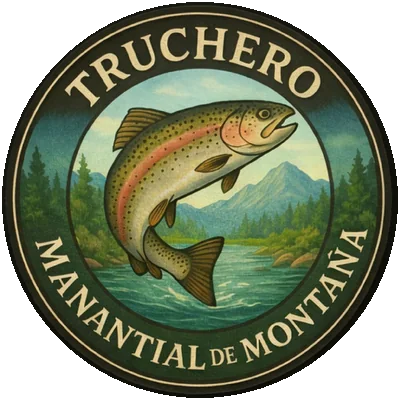 Escudo del Truchero Manantial de Montaña: una trucha arcoíris saltando sobre el río